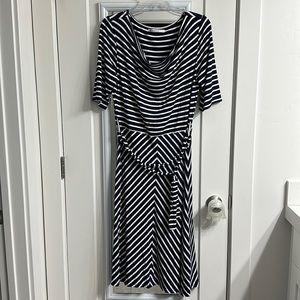 Large navy blue and white stripped dress, knee length.